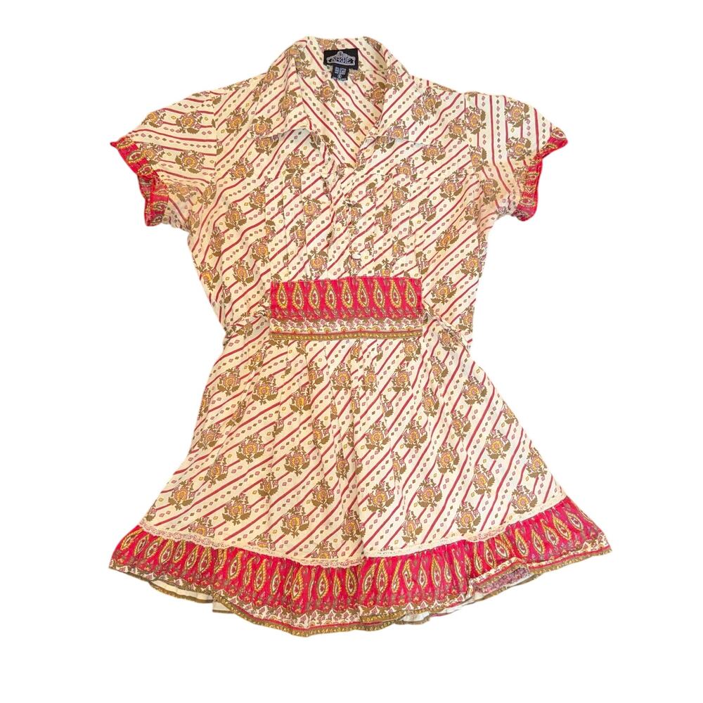 Angie Floral Paisley Striped Button Front Peasant Tunic Dress Cream Pink Small